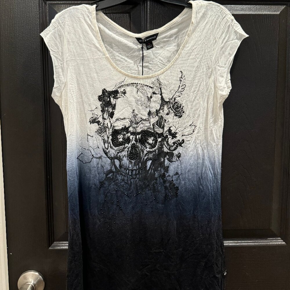 NWT - Rock & Republic - Women's SMALL - White/Blue - Skull - Graphic - Blouse